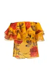 Carolina Herrera Ruffled Stemmed-rose-printed Crepe Top In Yellow