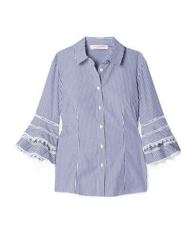 Carolina Herrera Ruffled Guipure Lace-trimmed Striped Cotton-poplin Shirt In Blue
