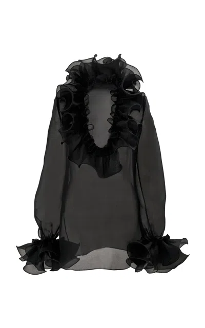 Carolina Herrera Ruffled U-neck Crepe Silk Organza Blouse In Black