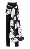 Carolina Herrera Draped Floral-print Faille And Crepe Slim-leg Pants In Black