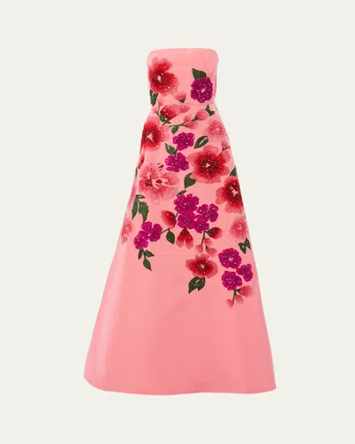 Carolina Herrera Sequined Floral Embroidered Strapless Gown In Sunset Multi