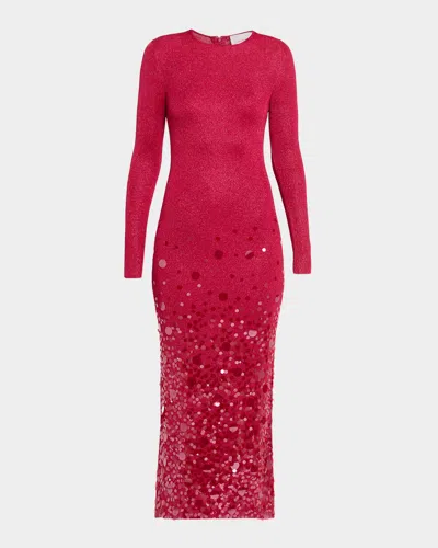 Carolina Herrera Sequined Long-sleeve Shimmering Jersey Midi Dress In Pink