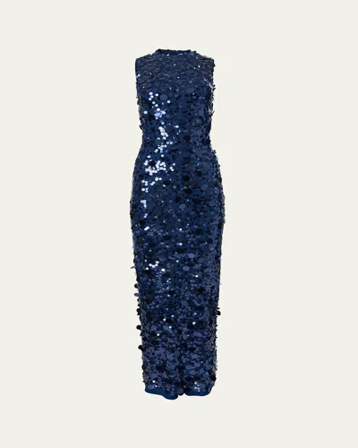 Carolina Herrera Sequined Sleeveless Mock-neck Gown In Blue