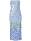Carolina Herrera Strapless Stripe Sequined Midi Dress In Blue