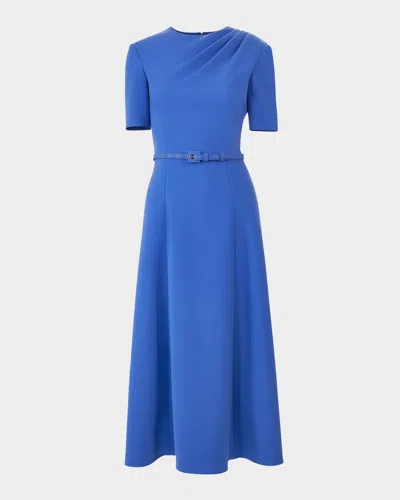 Carolina Herrera Short-sleeve Draped Midi Dress With Belt In Blue