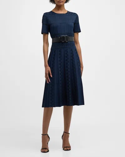 Carolina Herrera Short-sleeve Pointelle Pleated Knit Dress In Blue