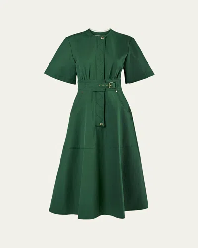 Carolina Herrera Short-sleeve Belted Cotton A-line Midi Dress In Racing Green