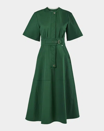 Carolina Herrera Short-sleeve Belted Cotton A-line Midi Dress In Racing Green