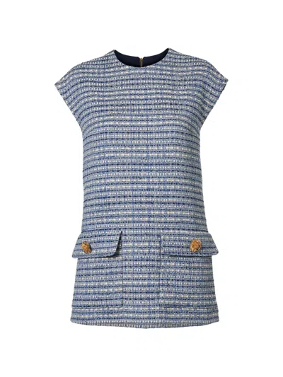 Carolina Herrera Short-sleeved Belted Tweed Blouse In Blue
