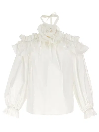Carolina Herrera Halterneck Ruffled Top Floral Embellishment In White