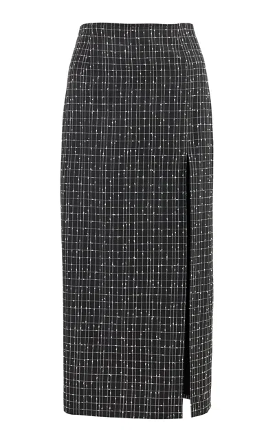 Carolina Herrera Side-slit Slub Yarn Check Tailoring Midi Pencil Skirt In Black