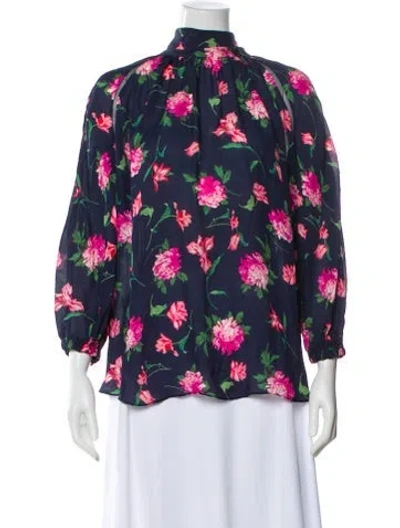 Pre-owned Carolina Herrera Silk Floral Print Blouse In Blue