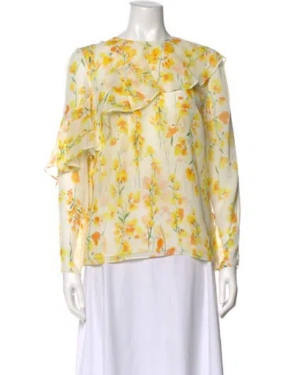 Pre-owned Carolina Herrera Silk Floral Print Blouse In Yellow