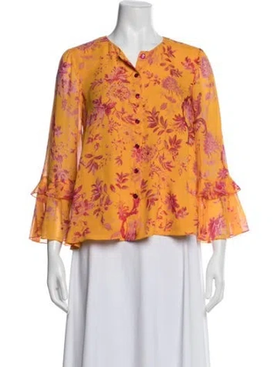 Pre-owned Carolina Herrera Silk Floral Print Blouse In Yellow