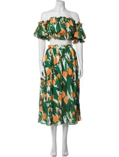 Pre-owned Carolina Herrera Silk Floral Print Skirt Set In Green