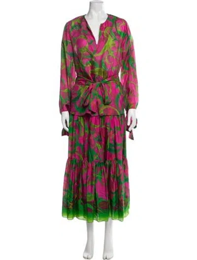 Pre-owned Carolina Herrera Silk Floral Print Skirt Set In Green