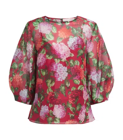 Carolina Herrera Silk Floral Puff-sleeve Blouse In Blue