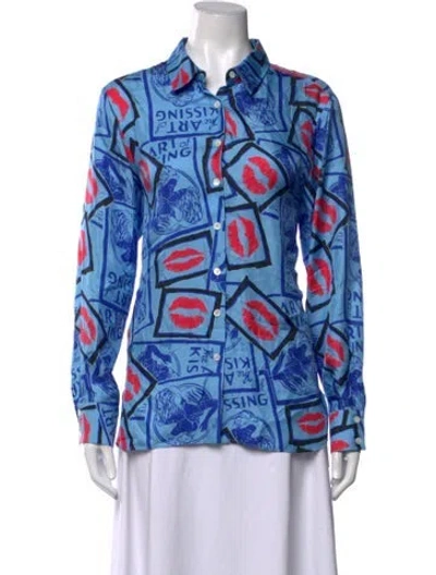 Pre-owned Carolina Herrera Silk Graphic Print Blouse In Blue