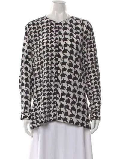 Pre-owned Carolina Herrera Silk Houndstooth Print Blouse In Black