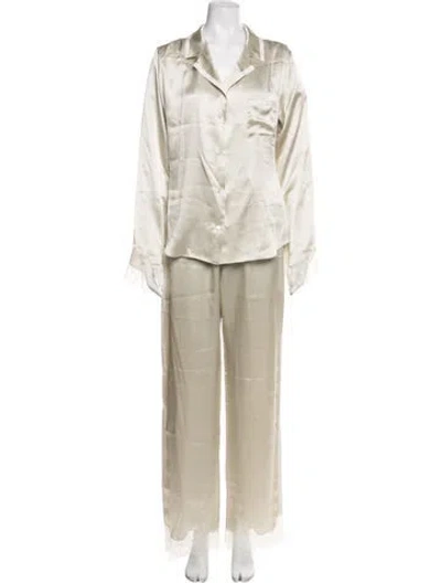 Pre-owned Carolina Herrera Silk Lace Trim Embellishment Pantsuit In Neutrals