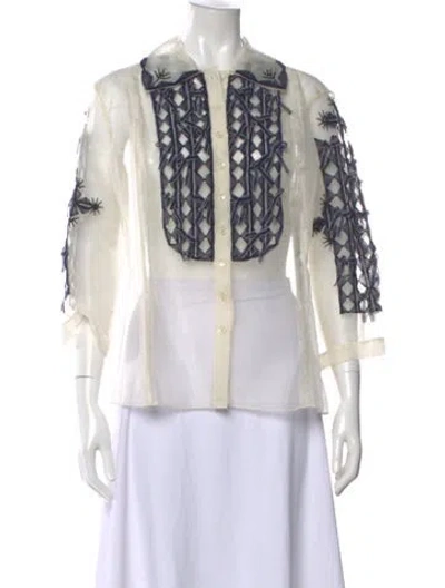 Pre-owned Carolina Herrera Silk Patterned Button-up Top In White