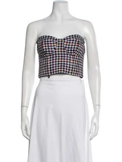Pre-owned Carolina Herrera Silk Plaid Print Crop Top In White