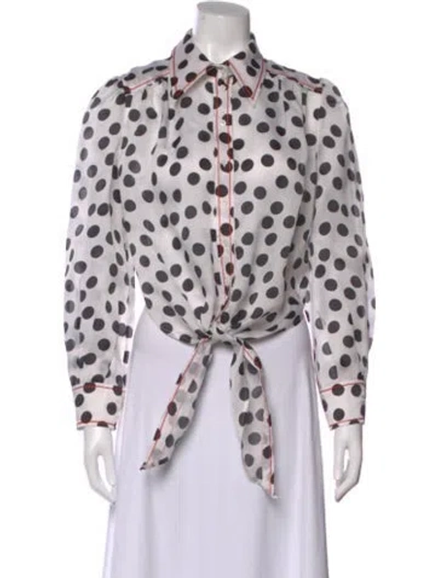 Pre-owned Carolina Herrera Silk Polka Dot Print Blouse In White