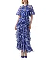 Carolina Herrera Silk Short Sleeve Tie Cape Ruffle Dress In Nautilus Multi