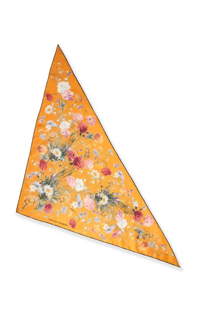 Carolina Herrera Single Meadow Floral Triangle Silk Scarf In Orange
