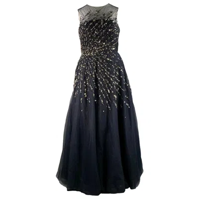 Pre-owned Carolina Herrera Size 14 Navy Silver Nylon A-line Long Gown In Blue