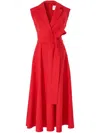 Carolina Herrera Sleeveless Slub Twill Faux Wrap Midi Dress In Red
