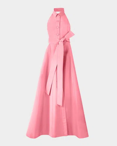 Carolina Herrera Sleeveless Collared Halter Gown With Belt In Pink