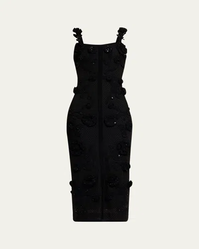 Carolina Herrera Sleeveless Floral Crochet Knit Midi Dress In Black