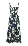 Carolina Herrera Sleeveless Painted Rose Cotton Midi Dress In Blue