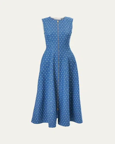 Carolina Herrera Sleeveless Polka-dot Denim Zip-front Midi Dress In Blue
