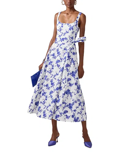 Carolina Herrera Sleeveless Scoop Neck Midi Dress With Sash In White Multi