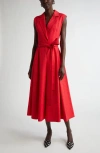Carolina Herrera Sleeveless Slub Twill Faux Wrap Midi Dress In Herrera Red