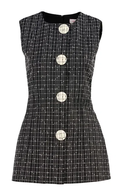Carolina Herrera Sleeveless Slub Yarn Check Tailoring Top In Black