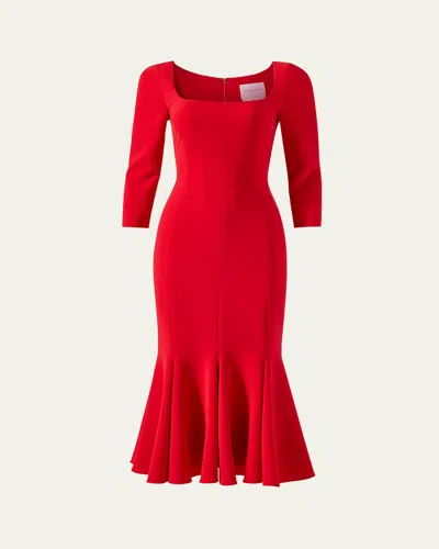 CAROLINA HERRERA SQUARE-NECK 3/4-SLEEVE MIDI TRUMPET DRESS