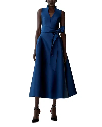 Carolina Herrera Stand Collar V Neck Tie Waist Dress In Blue