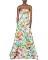 Carolina Herrera Strapless Floral Gown In Blue