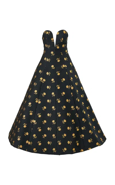 Carolina Herrera Strapless Carnation Lurex Jacquard A-line Dress In Black