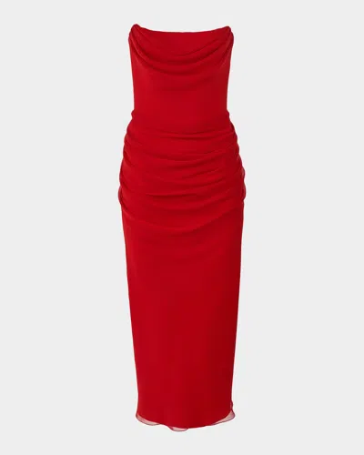 CAROLINA HERRERA STRAPLESS DRAPED SILK MIDI DRESS