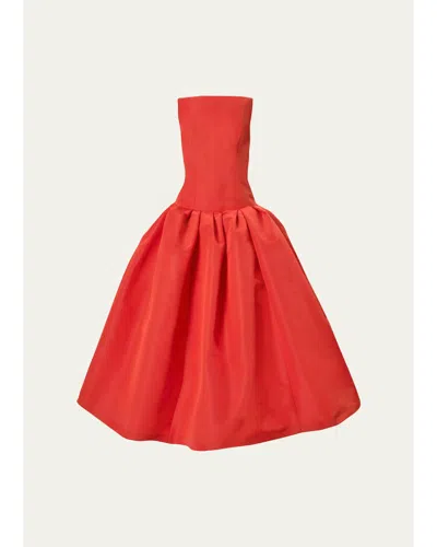 Carolina Herrera Strapless Drop-waist Flared Silk Midi Dress In Chili Red