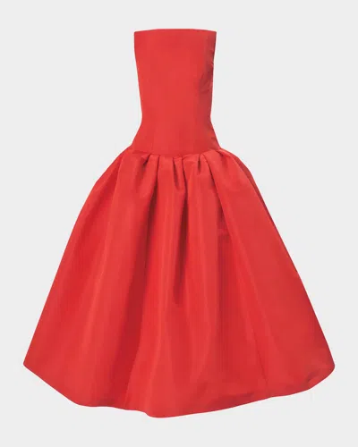 Carolina Herrera Strapless Drop-waist Flared Silk Midi Dress In Red