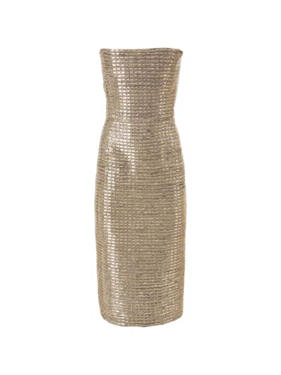 Carolina Herrera Strapless Embroidered Midi Dress In Gold