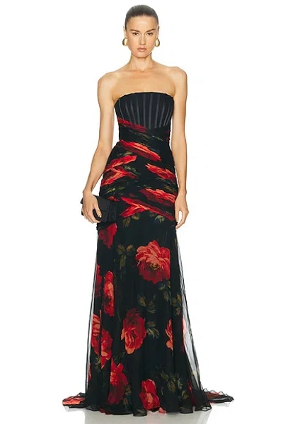 Carolina Herrera Strapless Exposed Bustier Gown In Black Multi