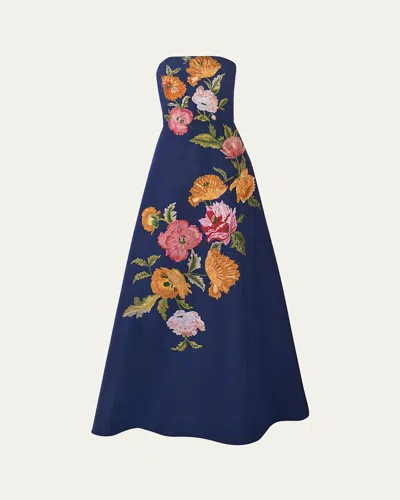 Carolina Herrera Strapless Floral Embroidered A-line Gown In Blue