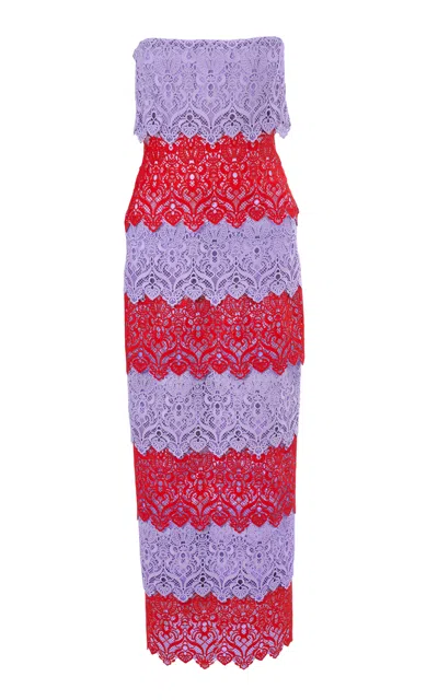 Carolina Herrera Strapless Floral Scroll Lace Trim Dress In Red
