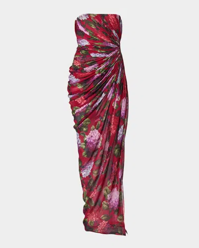 Carolina Herrera Strapless Floral Silk Chiffon Draped Slit Gown In Multi